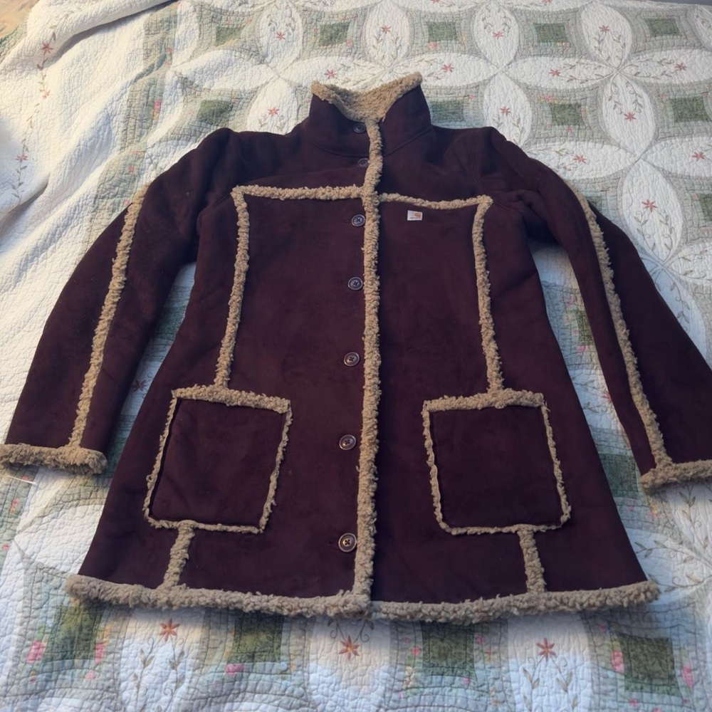 Carhartt Sherpa Shearling Trim Barn Coat Womens S / Girls L Brown Ranch Workwear - Picture 6 of 10